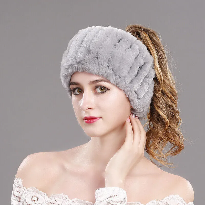 Zimowe futrzane opaski na głowę Lady Rex Rabbit Beanie Endless Snoods Cowl High Elastic