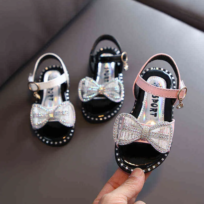 어린이 소녀를위한 공주 샌들 2022 여름 신발 패션 모조 다이아몬드 활 파티 신발 푸 비 슬립 통기성 샌들 신발 g220512