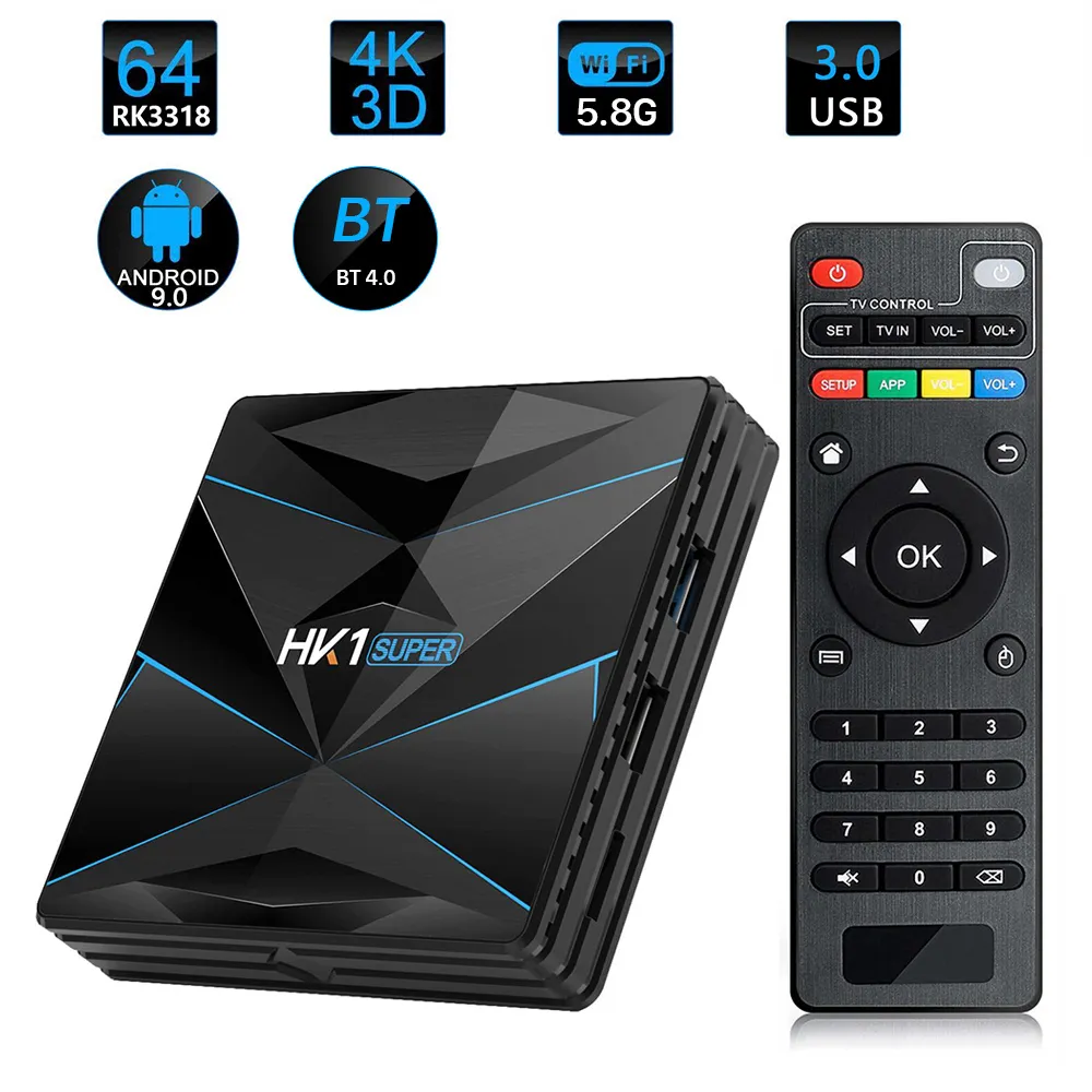 HK1 Super Android 9.0 Smart TV BOX RK3318 Quad-core Google Assistant 4K 3D Utral HD 4G 64G double lecteur multimédia Wifi décodeurs