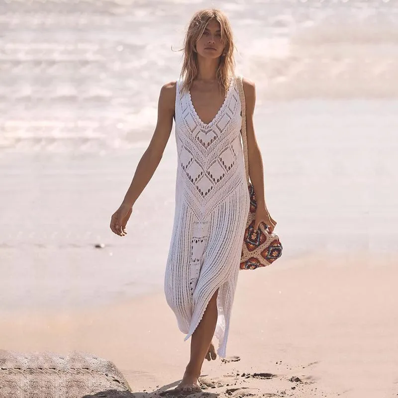 Vestido de banho feminina de mata-banho de malha branca vestido de praia túnicos ocos mangas vestidos longos de biquíni encobrimento feminino de maiô de praia praia