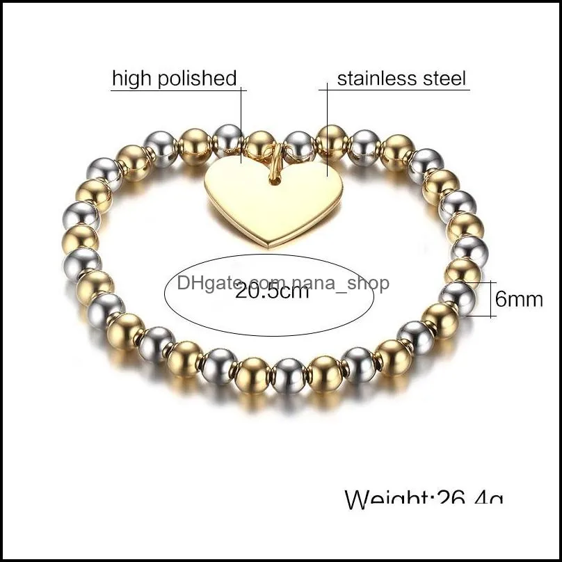 fashion gold silver 6mm bead bracelet For Women with heart shape charm pendant barcelet stainless steel jewelry gift wholesaler