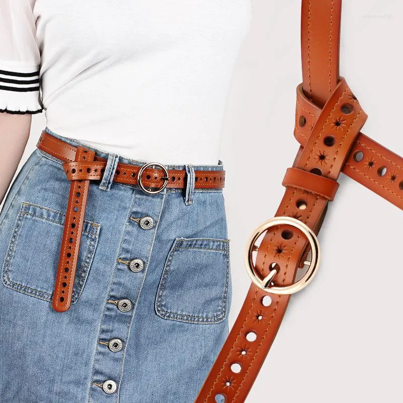 Belts Fashion Gold Round Ring Buckle Genuine Leather For Women Hollow Jeans Casual Belt High Quality Cintos Para As Mulheres 105Belts Emel22