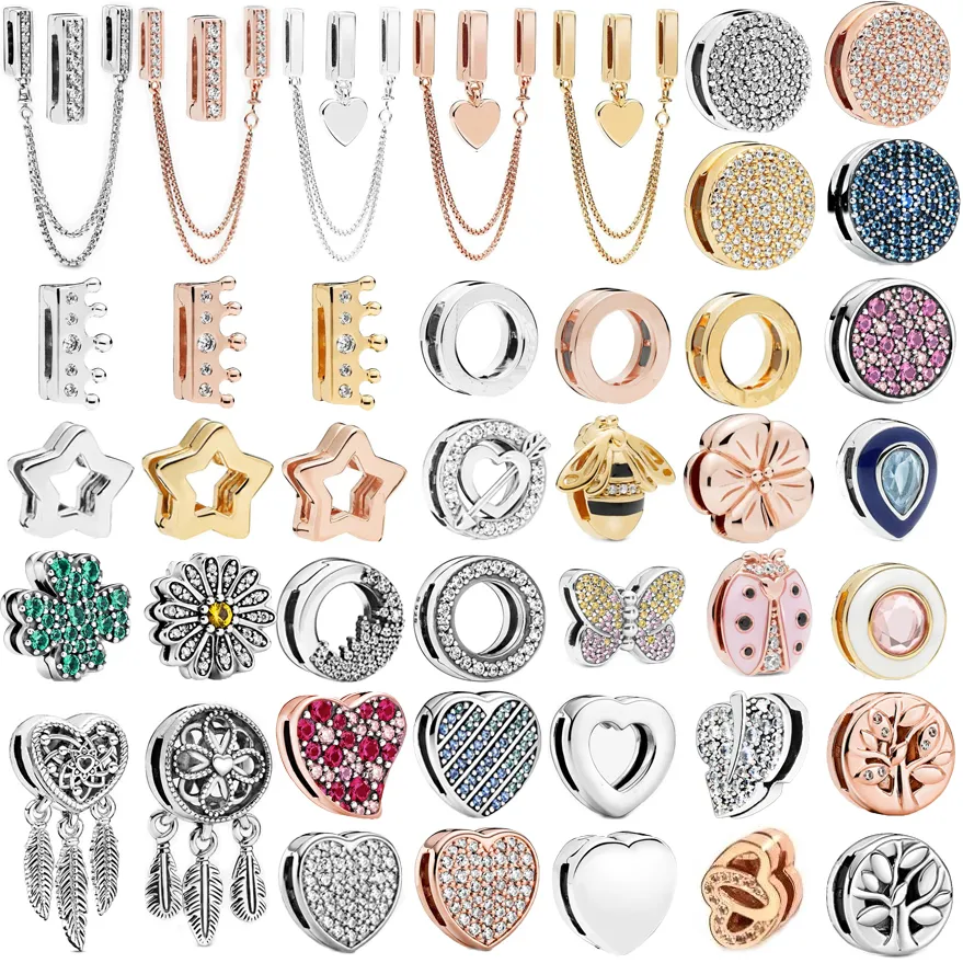 925 Sterling Silver Charms Kolor Refleksje Kulki Krzyki Uroki okrągłe kryształowe korona serce miłosne koraliki oryginalna biżuteria bransoletka Making DIY prezent