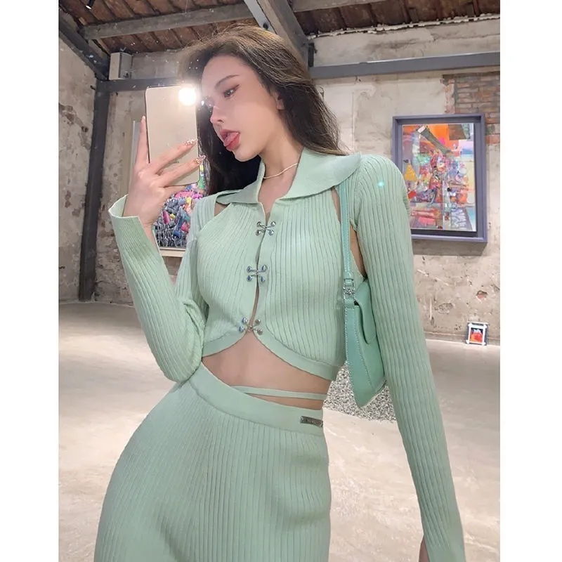 Fashion Sexy Knitted Two Pieces Set Women Crop Bandage Halter Long Sleeve Top+ Wide Leg High Waist Pants Summer Korean Outfits