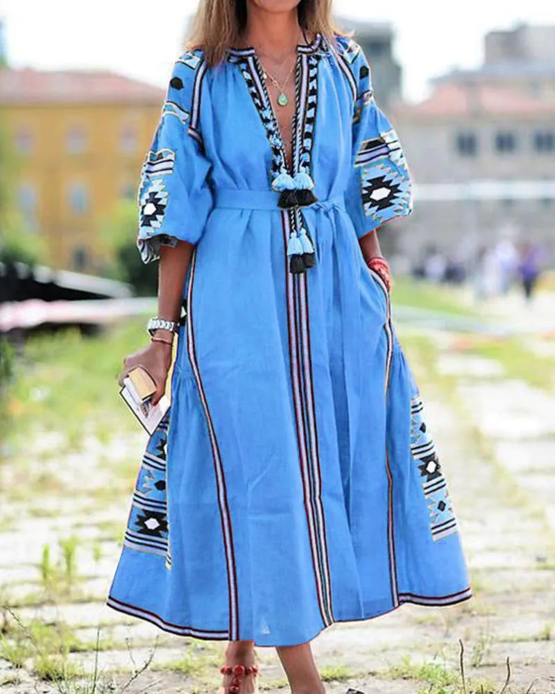 Robes d'été blanches grande taille pour femmes Cothing vêtements vêtements de créateurs floraux avec poche mélange de lin Australie robes décontractées printemps longue robe bleue élégante