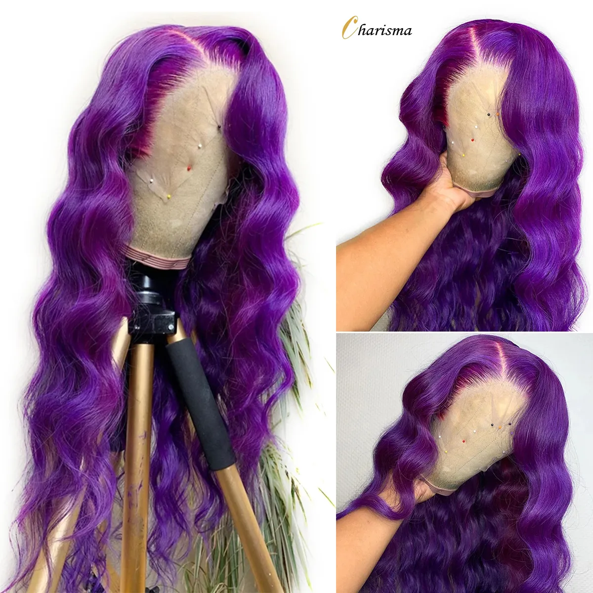 Parrucca anteriore in pizzo a onde lunghe con parte laterale di colore viola Parrucche sintetiche per donne nere/bianche con attaccatura dei capelli naturale