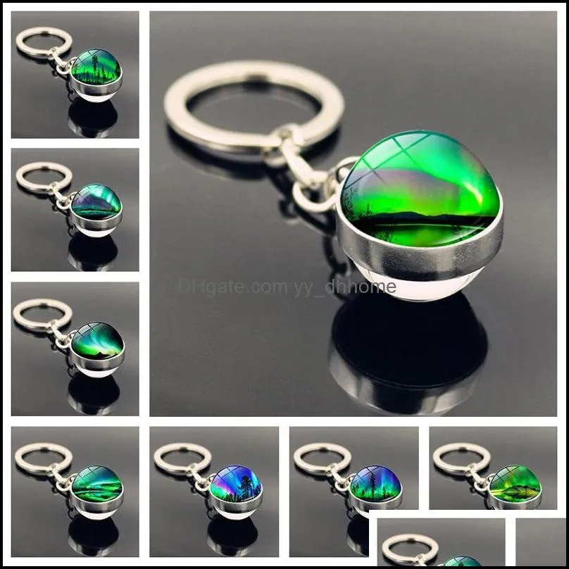 Nyckelringar mode accessoarer norrsken Time Gem Keychain Keyring Double-Sided Glass Ball Charm Pendant Creative Women Män smycken Bes