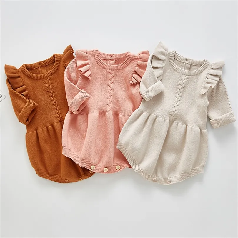 Baby Girls Knitted Bodysuit Spring Infant born Long Sleeve Solid Ruffled Jumpsuit Outfit Set Baby Spring Autumn Clothing 220707