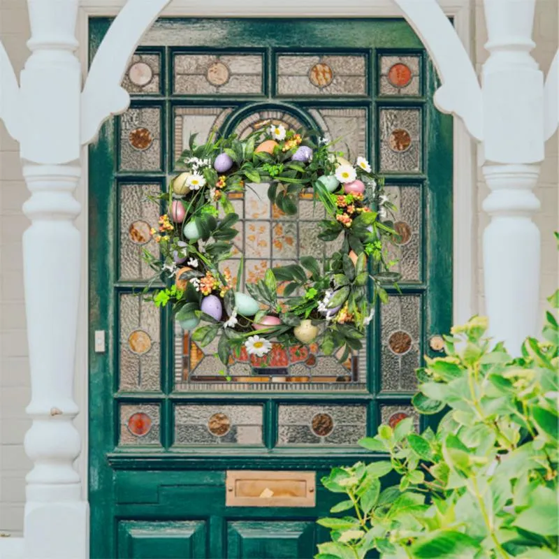 その他の家の装飾カラフルなイースターエッグリース18インチ暖炉のための人工玄関の花輪の春の飾りリビングルームス