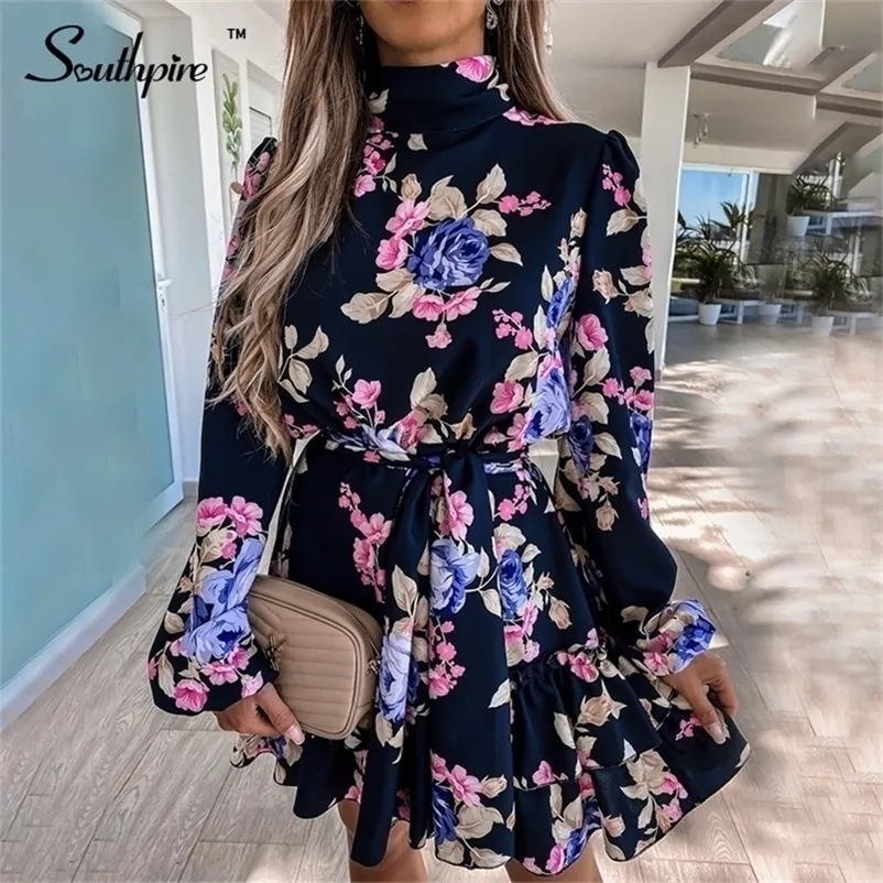 Southpire Navy Floral Print Loose Style Mini Dress Kvinnor Långärmad Hög Neck Party Dress Ladies Day Casual Kläder Vår 2022 220316