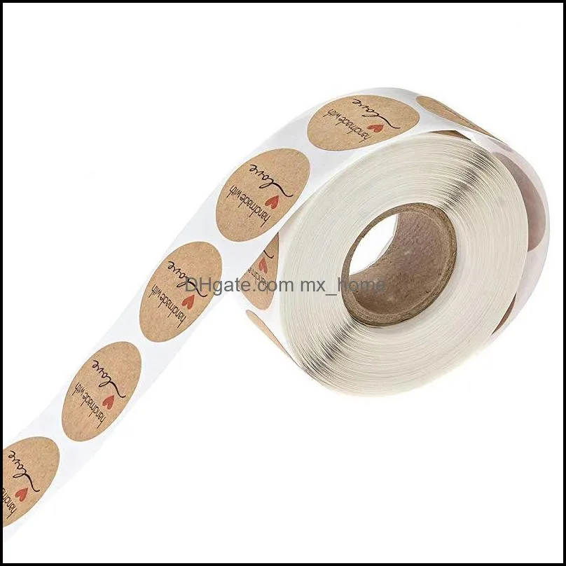 500pcs 1inch Handmade With Love Kraft Paper Stickers Round Adhesive Labels Baking Wedding Party Decoration