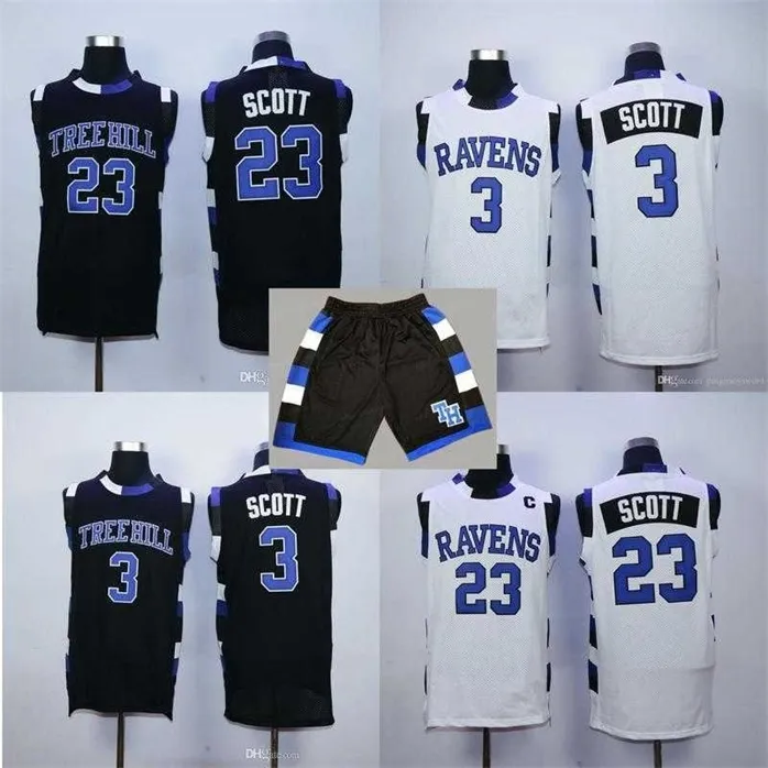 SjZl98 One Tree Hill Ravens # 23 Nathan Scott # 3 Lucas Scott Jerseys Vit Blå Svart Mens Broderi Basket Skjorta S-XXL Jersey Shoets