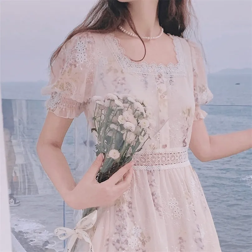 Dress Korean Lady Elegant Vintage Dres Casual Floral Design Sexy Midi Dresses Evening Lace-Up Summer Chic 220517