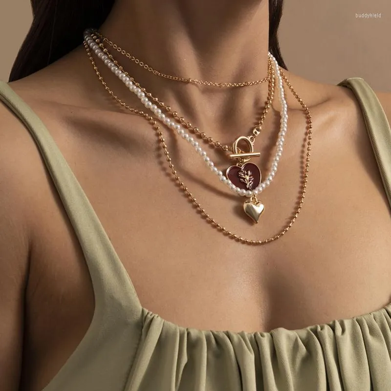 Zincirler Katmanlı İnci Boncuklar Kadınlar İçin Zincir Gerdanlık Kolye Y2K Kalp Kolye 2022 Mücevher Boyun Modaya Dizyalı