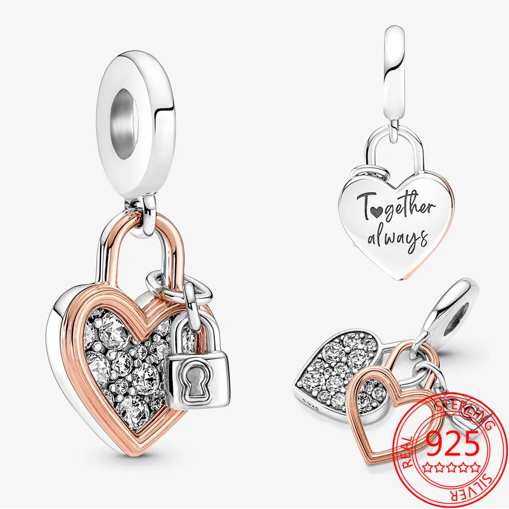 Neue beliebte 925 Sterling Silber Rose Gold Herz Vorhängeschloss Doppel Charme für Pandora Schlange Armband DIY Schmuck Mädchen Geschenk machen