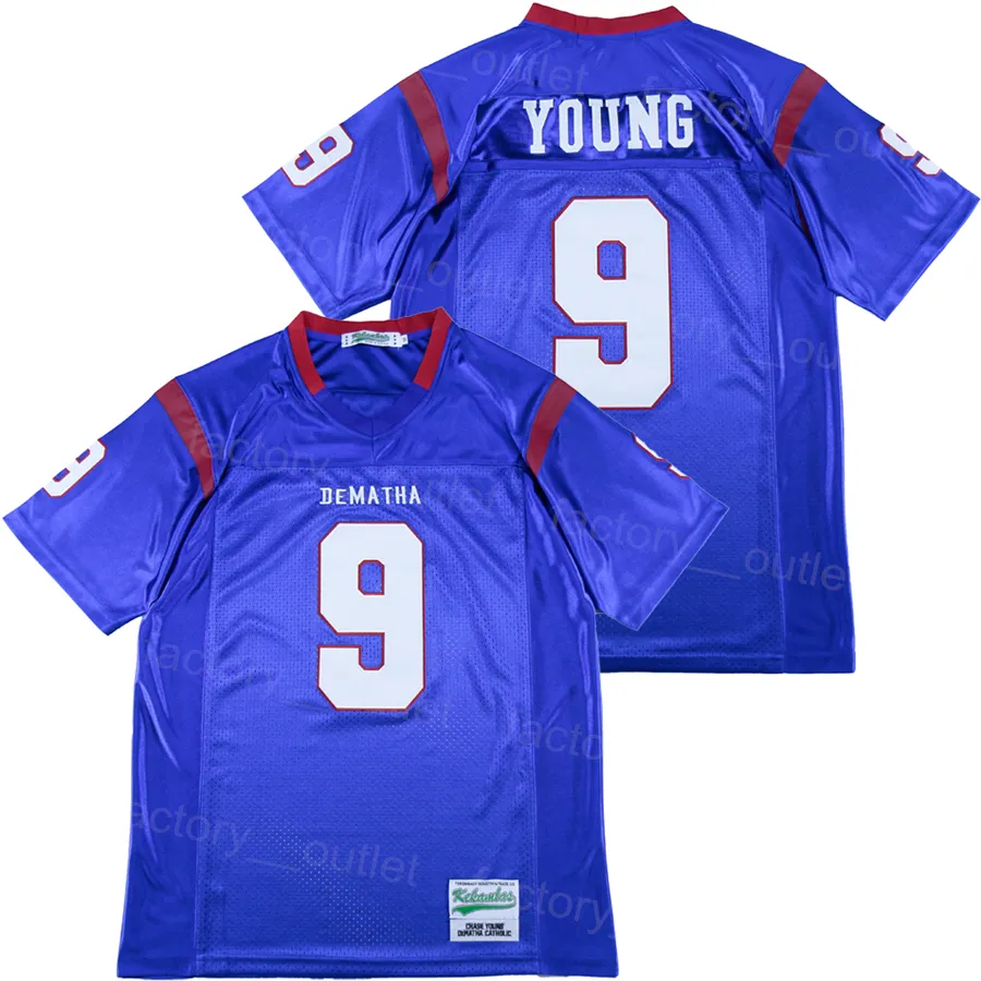 Hommes Football Lycée DeMatha Catholic 9 Chase Young Jersey Film College Tout Cousu Respirant Pour Les Fans De Sport Hip Hop Team Blue University Pur Coton Haut