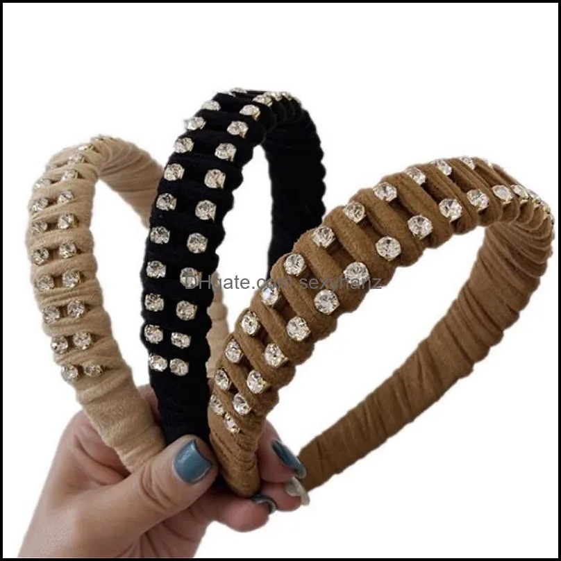 New Fashion Women Hair Accessories Full Drill Winding Headband Wide Side Hairband Adult Handmade Braided Turban C3