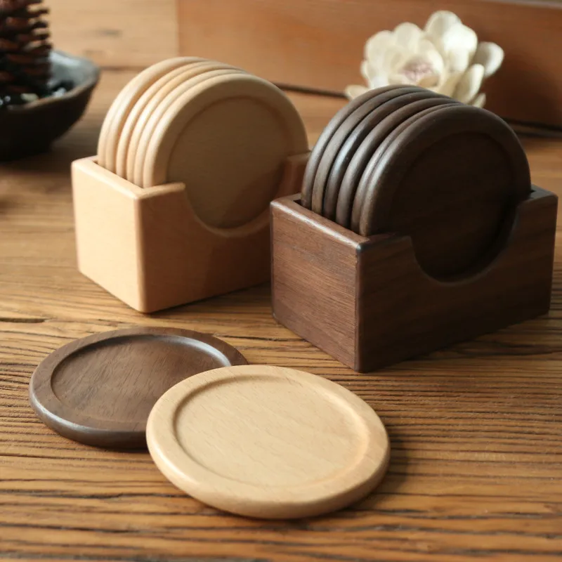 Japanese-style Wooden Coaster Set Black Walnut Solid Wood Round Placemat Heat Pad 6 Pieces Boxed