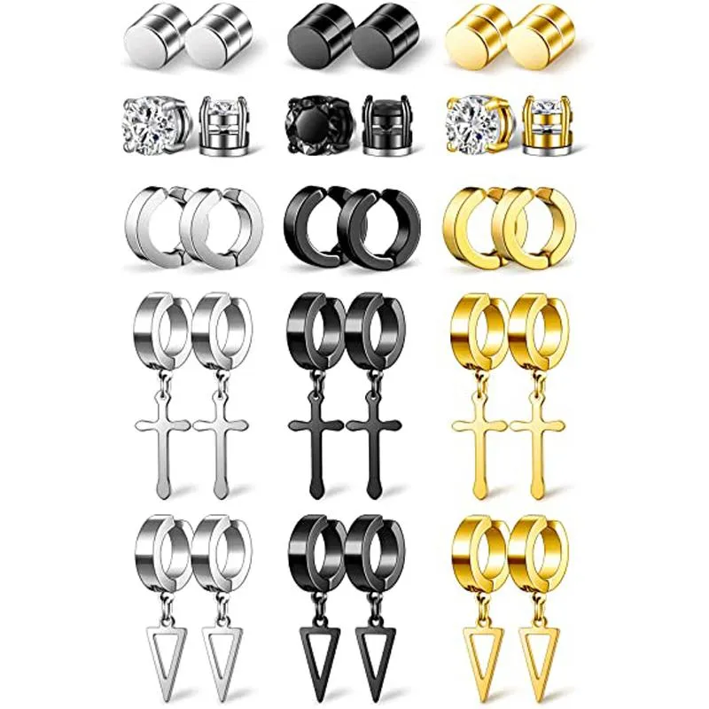 Stud 15 Pairs Magnetic Fake Earrings Stainless Steel Cross Dangle Hoop Non-piercing Unisex Clip On Earring