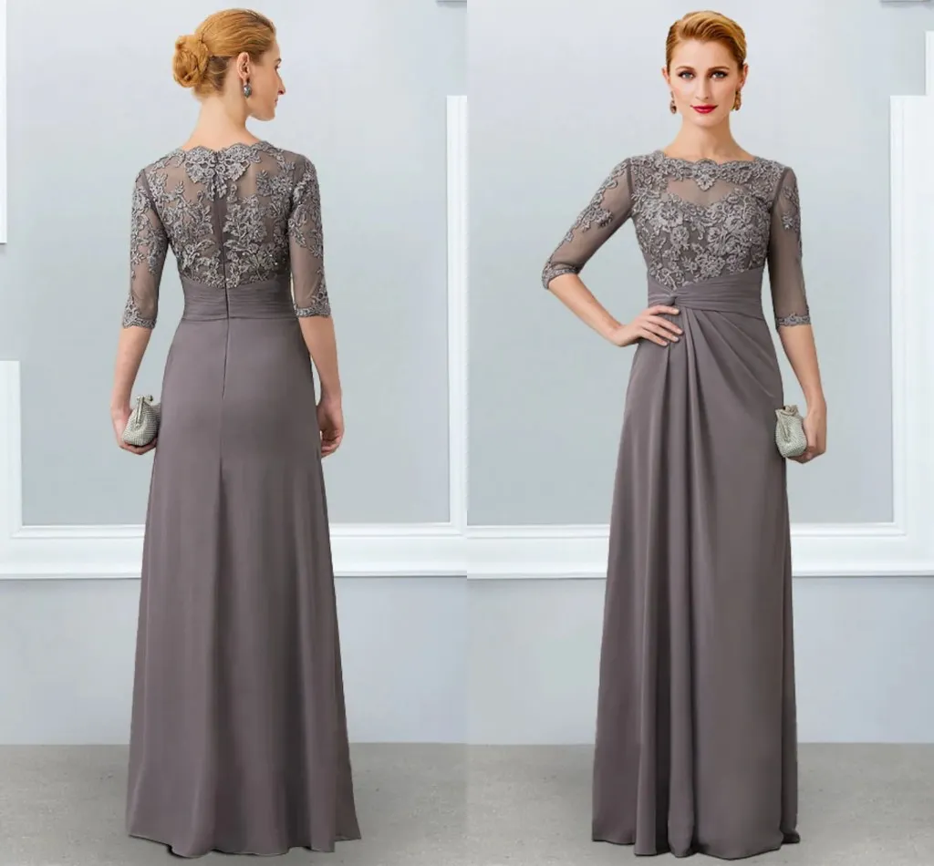 A Line Gray Mother Of The Bride Dress 2022 Elegant Jewel Neck Floor
