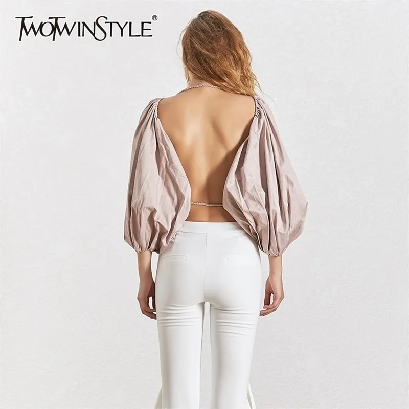 Twotwinstyle Summer Sexig backless blus toppar kvinnlig lanter ärm skjorta kvinnor avslappnade kläder mode 210401