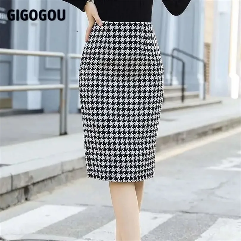 GIGOGOU pied-de-poule bande élastique femmes jupes automne hiver chaud tricoté crayon moulante côtelé Midi pull fendu 220317