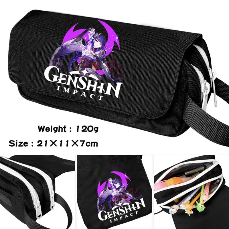 Sacs à cosmétiques étuis jeu Genshin Impact porte-crayon noir dessin animé maquillage sac étudiant papeterie multi-fonction Flip