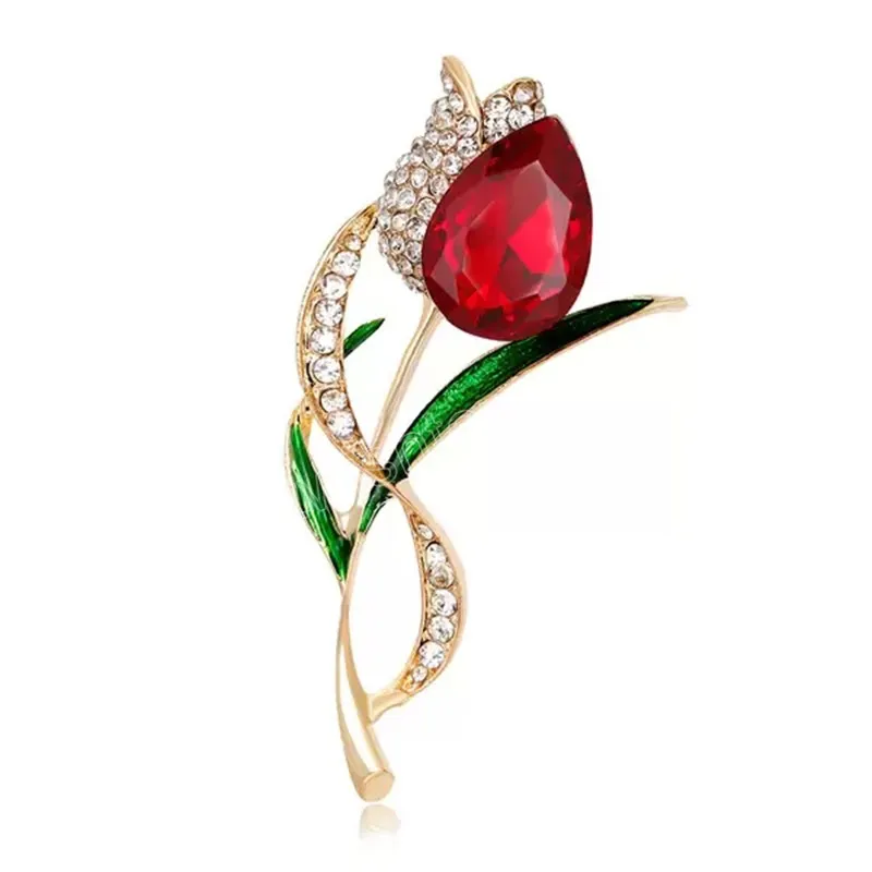 Czerwony Kryształ Tulipan Broszka Diament Kwiat Corsage Scarf Klamry Broszki Kobiety Sukienka Suign Moda Biżuteria