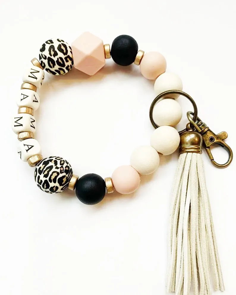 Pulseira com miçangas de silicone leopardo bege mama chaveiro de silicone com borla