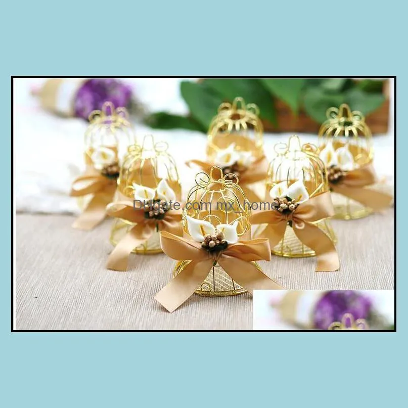 candy box creative bird net wedding decoration gold small bell binnon silk ribbon artistic pearl lily sn687