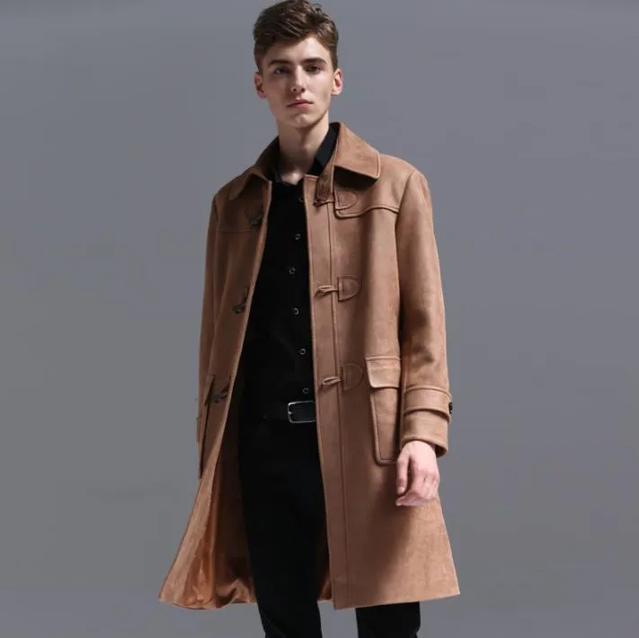 Heren Trench Coats Mens Man Lange jas Men Leather haakjes gespillen Slim fit overjas mouw retro herfst winter modeers