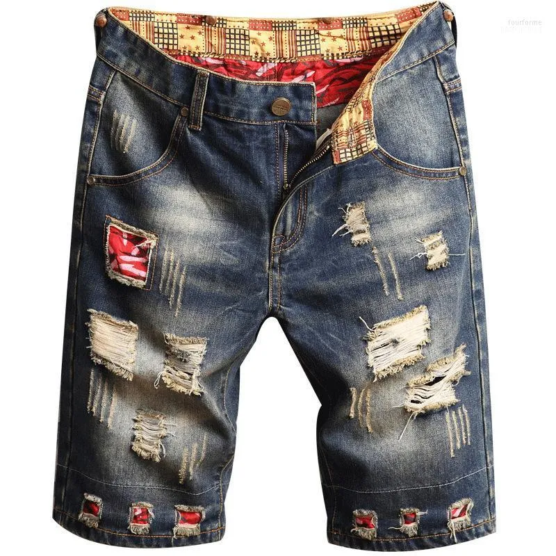 Herren-Jeans-Shorts, blaue Farben, Patch, bedruckt, gewaschen, Freizeithose, modisch, kurz, zerrissen