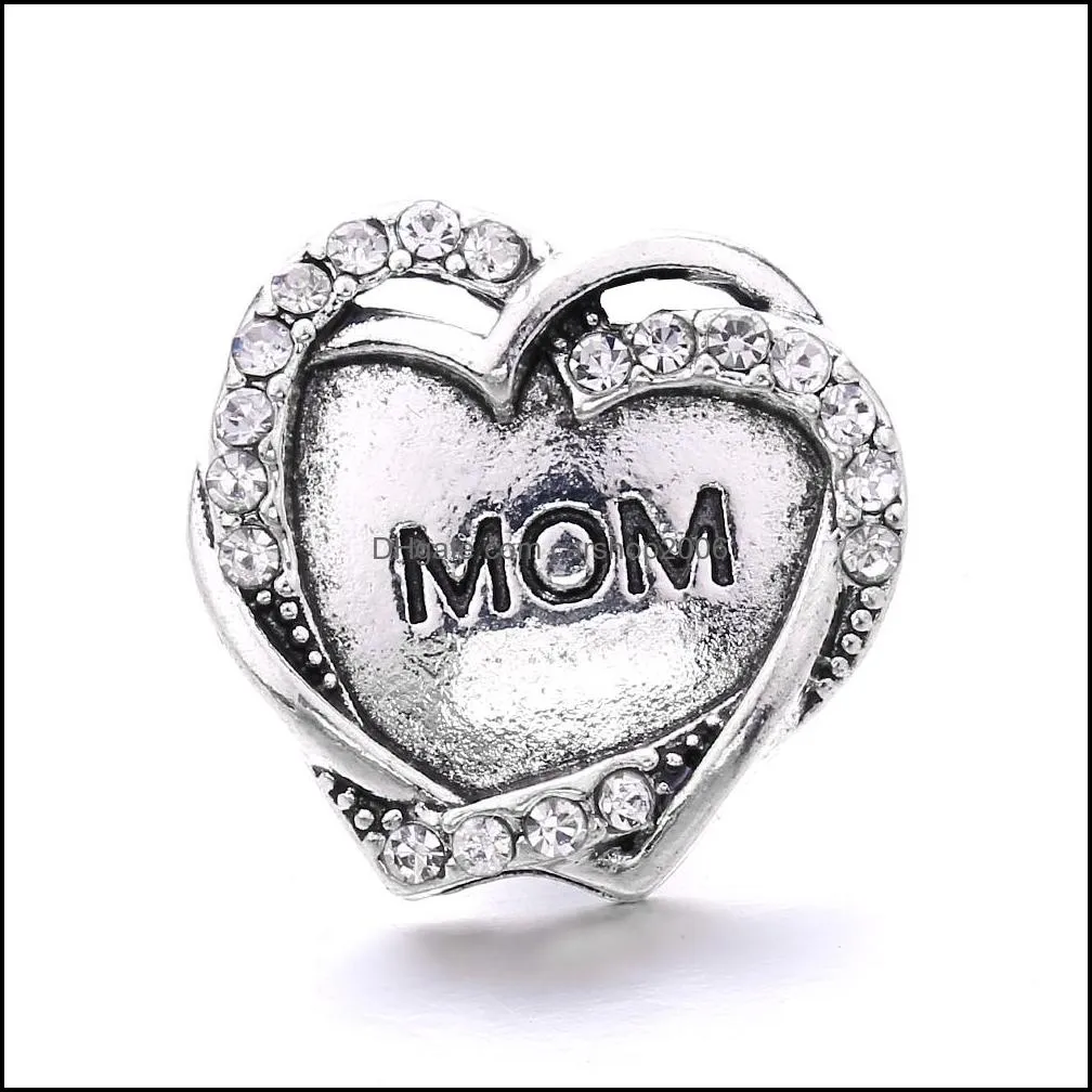 heart mom love rhinestone snap button charms women jewelry findings 18mm metal snaps buttons diy bracelet jewellery wholesale