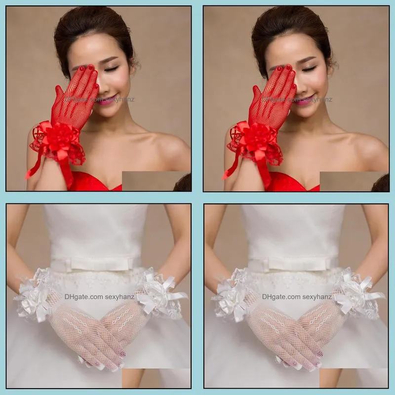 White Red Short Big Flower Wedding Gloves Bridal Accessories