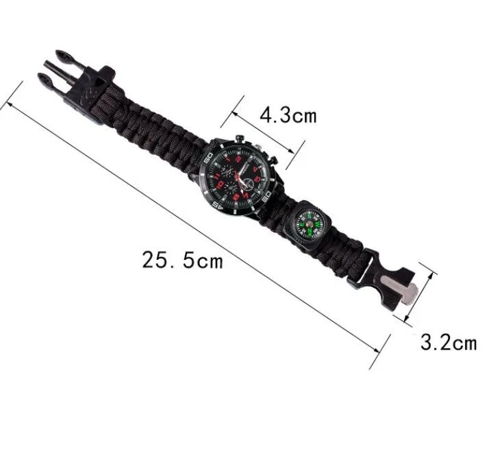 Bransoletka awaryjna na zewnątrz przenośne biwakowanie wielofunkcyjne Paracord Survival Bracelets narzędzie Pierwsza pomoc bransoletki zegarek z kompasem