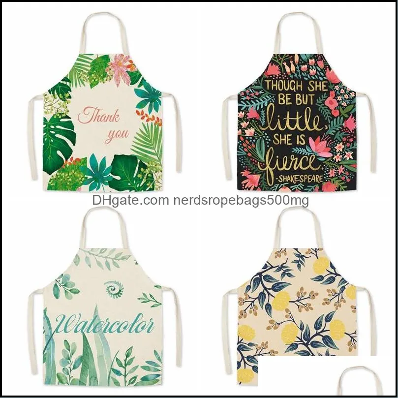 Durable Adult Kitchen Aprons Household Waterproof Oil-Proof Comfortable Leaves Sleeveless Linen Printing Work Apron Cooking Baking Bibs