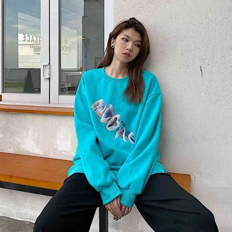 Hoodie Yuvarlak Boyun Sweatshirts Kadınlar Yeni 2021 Sonbahar Yeni Büyük Boy Boyutlu Soyut Baskı Tasarım Sense Niş Kazak Tip T220726