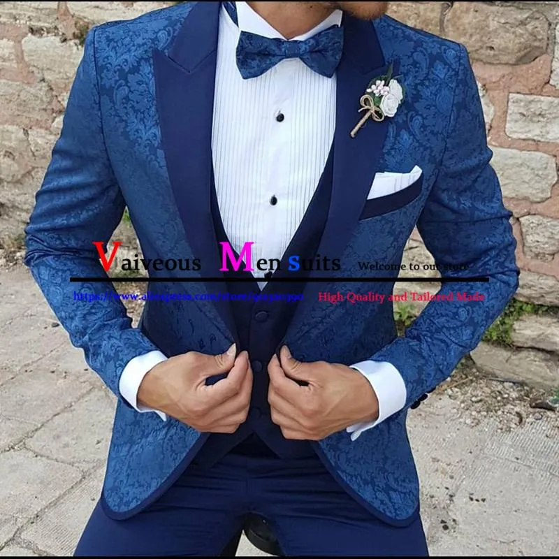 Męskie garnitury Blazers królewski niebieski Jacquard Groomsmen Groom Tuxedos Custom Made szal Lapel Mężczyzn Wedding Man Blazer Jacket with Spods Setm