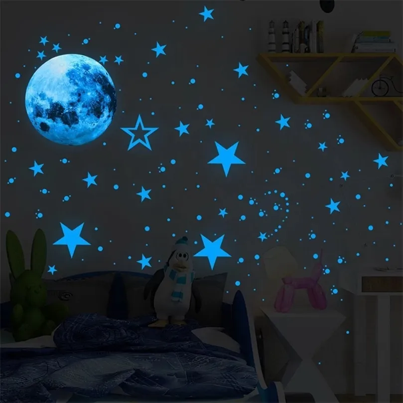 435pcsset Luminous Moon Stars Dots 벽 스티커 아이 방 거실 거실 집 장식 데스칼에 빛나는 어두운 스티커 220809