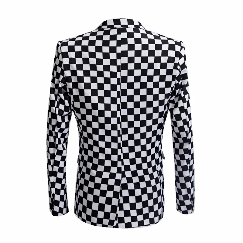 Mężczyzny Czarno -Biała Print Plaid 2 sztuki Mody Wedding Masher Checkerboard Scena Piosenkarz gospodarz Tancerz Slim Fit Costume Part2985