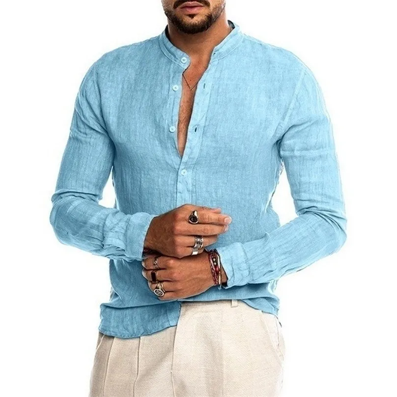 Mens Solid Color Linen Long Sleeve Shirt Cardigan 220815