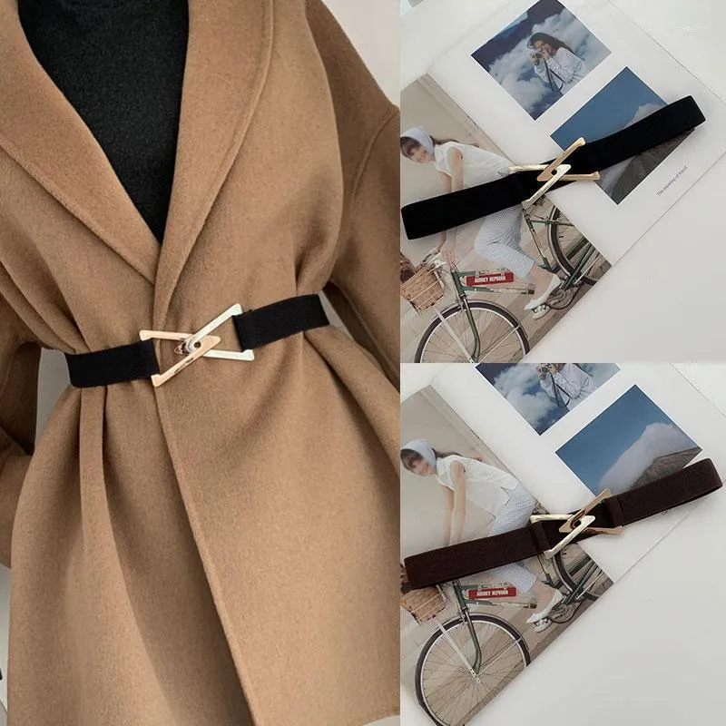 벨트 2022 여성 패션 금속 삼각형 버클 장식 벨트 숙녀 웨딩 드레스를위한 탄성 캔버스 허리띠 오버 코트 fier22