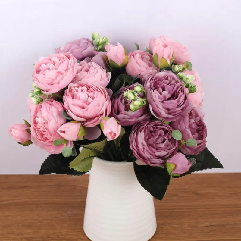 Dekorative Blumenkränze, 30 cm, Rose, Weiß, Rosa, Pfingstrose, künstlicher Blumenstrauß, 5 große Köpfe, 4 kleine Knospen, Fake für Hochzeit, Weihnachtsdekoration, GIF