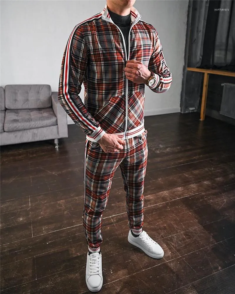 Herrspårar Mens set modejackor Men spårdräkt 2023 Autumn Colorful Plaid Casual dragkedja Set Male Sweatshirt Pocketmen's