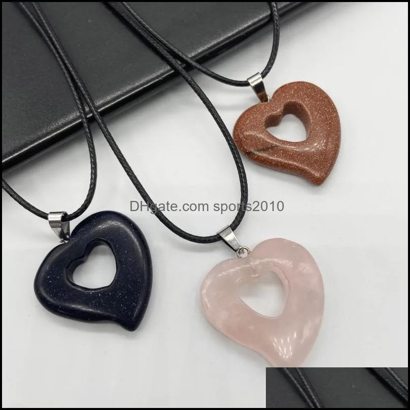 healing crystal natural stone pendant hollow heart charms turquoise tiger eye lapsi crystal rope chain necklaces wholesale christmas jewelry