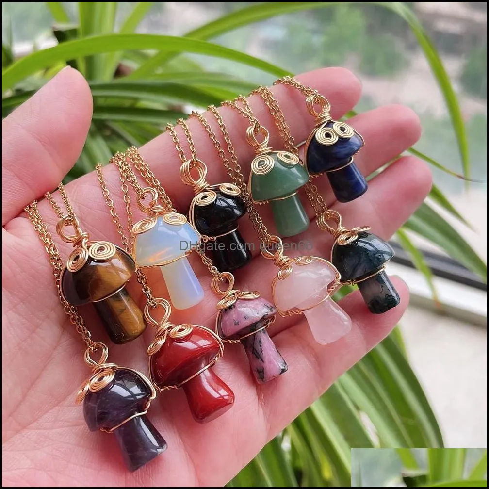 Pendant Necklaces Pendants Jewelry Reiki Natural Stone Crystal Golden Chain Cute Mascot Mushroom Necklace Amethysts Labradorite Opal Choke