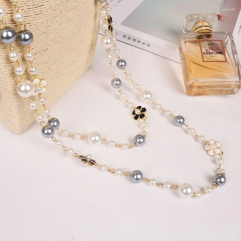 Chaînes bijoux coréens hiver fleur pull chaîne longue perle collier pendentif Double femme colliers pour femmeschaînes Elle22