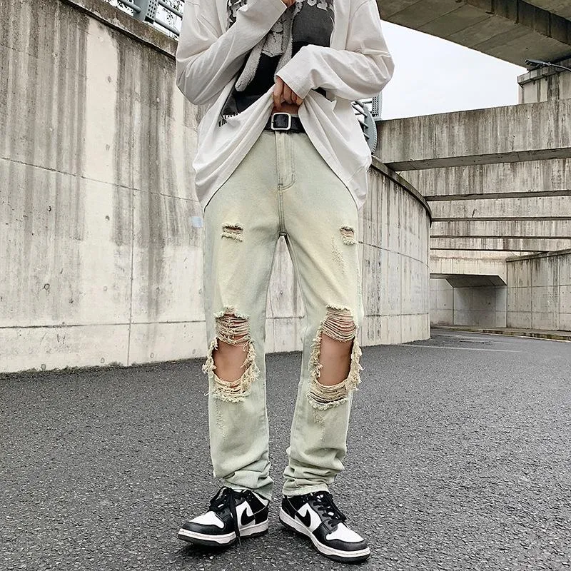 Jeans masculinos rasgaram o verão masculino de personalidade casual no estilo Harajuku, meio zíper, limpando a perna larga de calça longa.