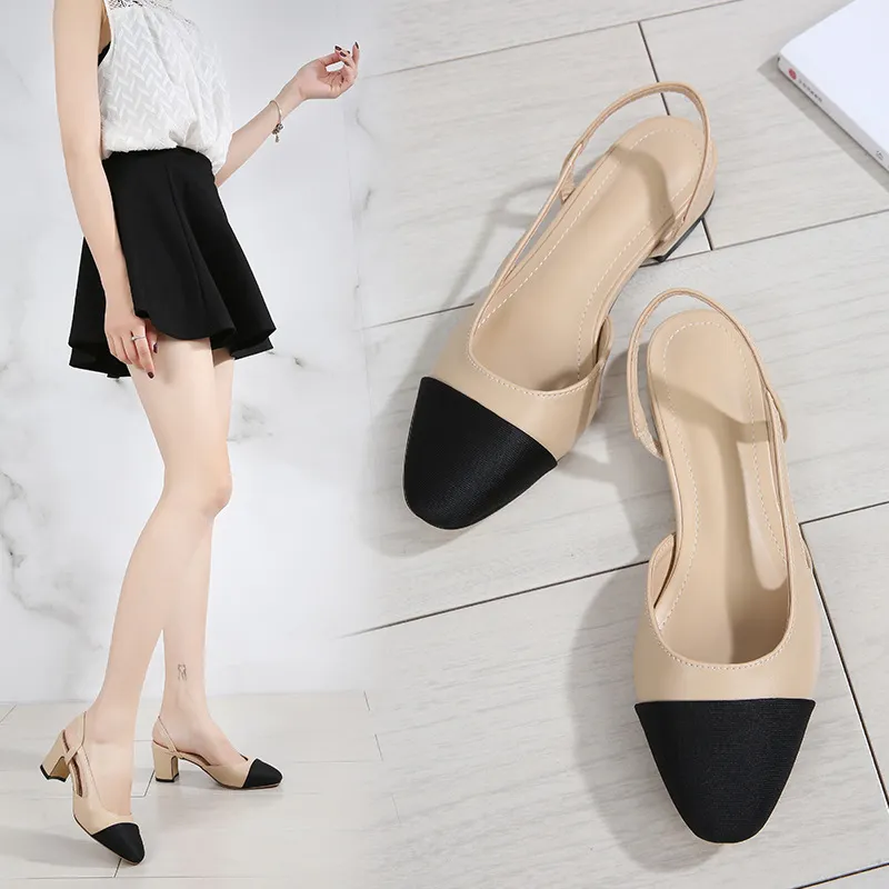 Sommarn nya kvinnors sandaler lapptäcke elegant rund tå sandaler tjocka klackar och platta skor storlek 34-42
