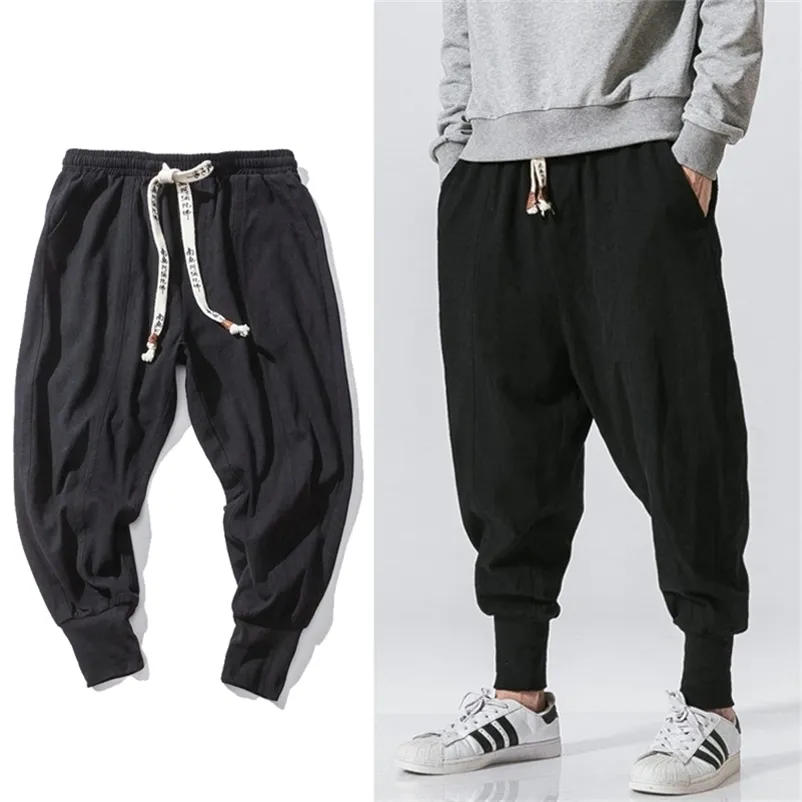 Kinesisk stil harembyxor män streetwear casual joggers mens byxor bomullslinne svettbyxor fotledslängd män byxor m-5xl 220726